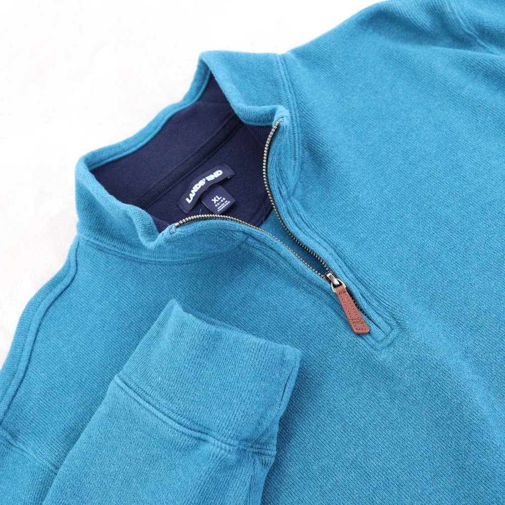 Lands End Mens XL Teal Blue 100% Cotton Quarter Zip Mock Neck Pullover Sweater